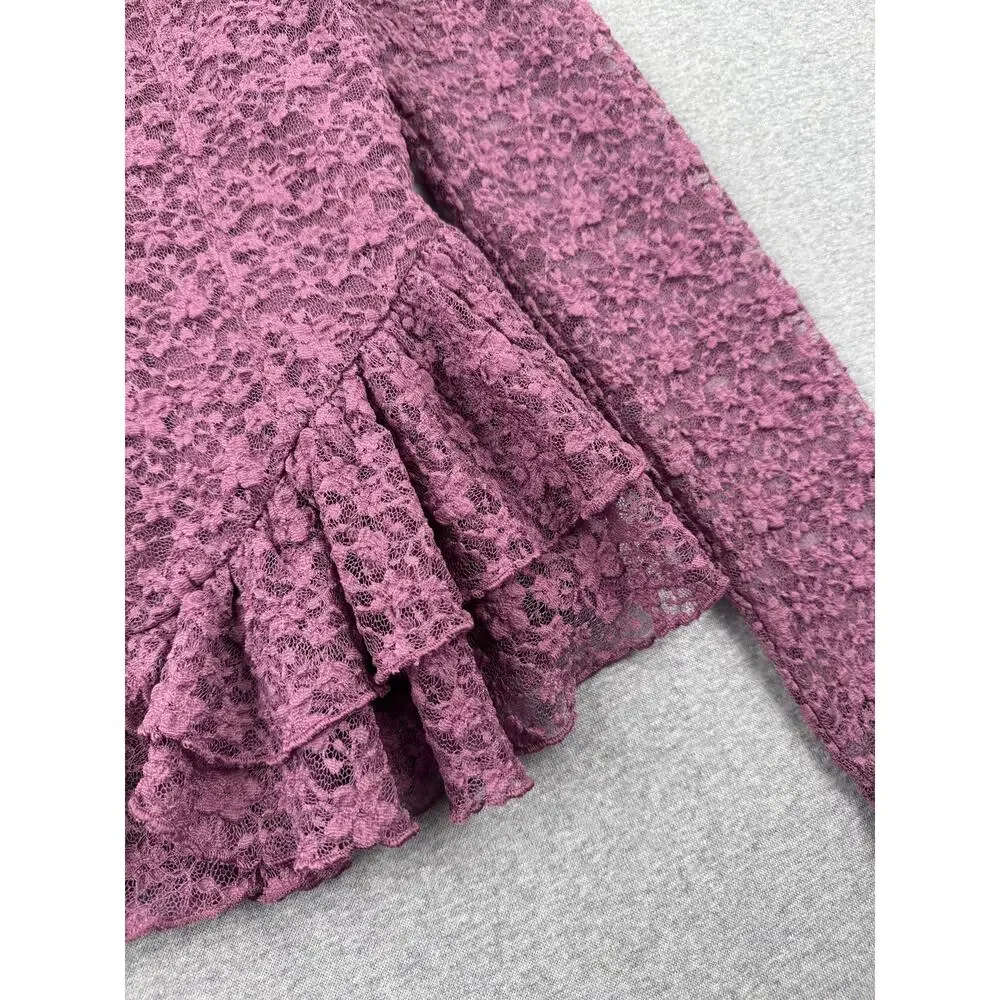 NWT Free People Stella Long Sleeve Top Womens S Tulipwood Purple Lace Ruffle